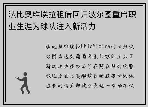 法比奥维埃拉租借回归波尔图重启职业生涯为球队注入新活力
